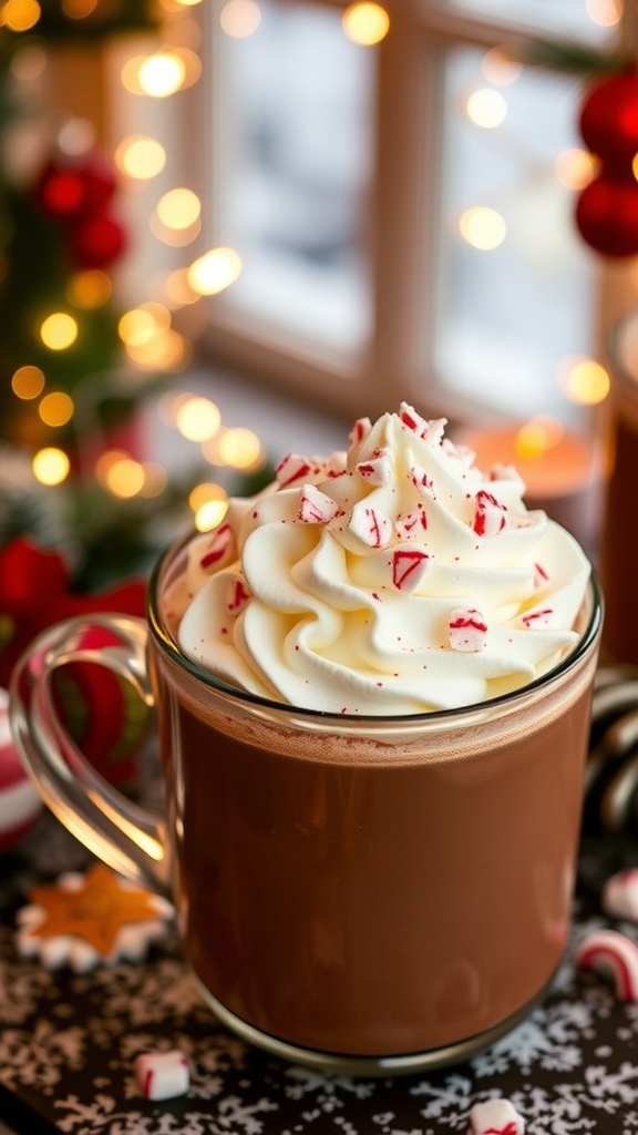 Festive Christmas Baking Hot Chocolate Recipe A mug of hot chocolate with whipped cream and peppermint on a festive table.